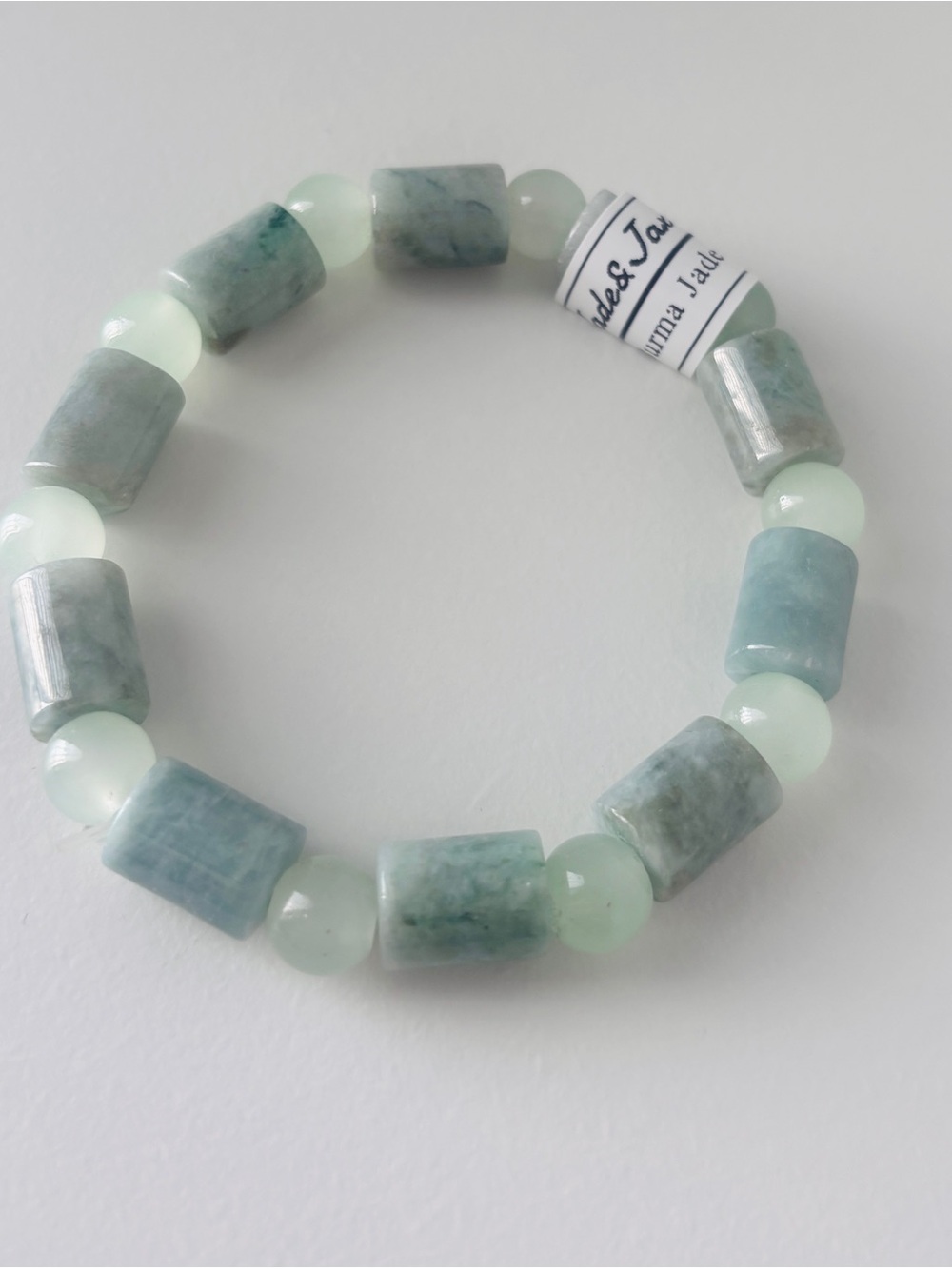 Natural burma Jade Cylinder & Round Bead Stretch Bracelet - Pale Green